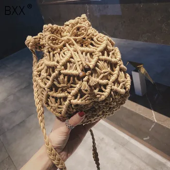 

[BXX] Women's Single Shoulder Crossbody Bag All-match 2020 Summer Beach Hollow Out Drawstring Large Capacity Bucket Bag HE764