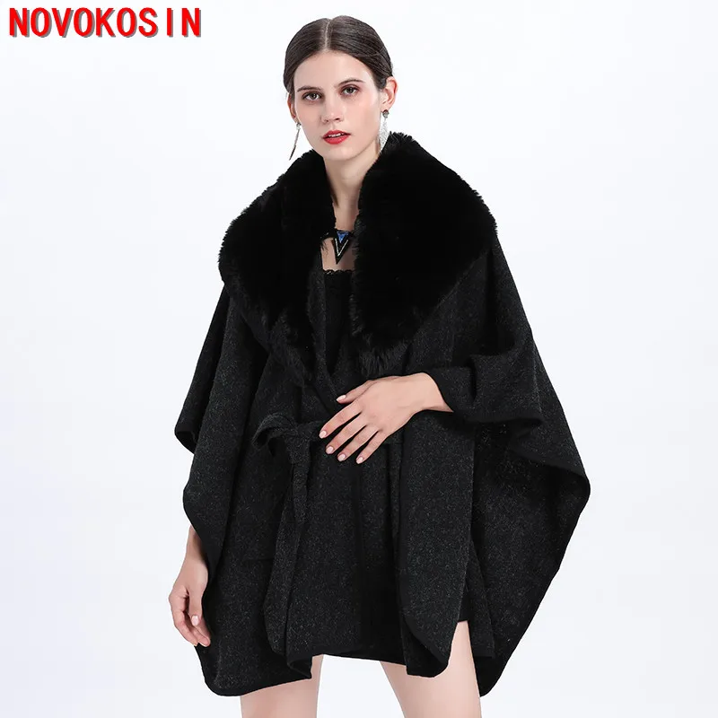 

5 Colors Women Outstreet Poncho Wear Winter Thick Cardigan Big Rabbit Fur Turn-down Neck Long Cloak Front Tie Belt Loose Coat