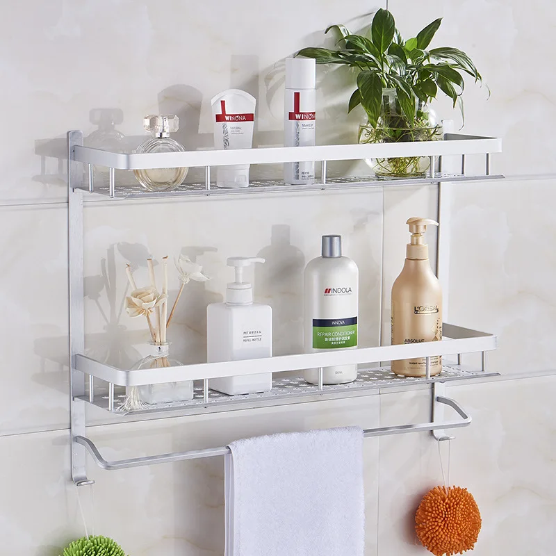 

Hole-Punched Bathroom Storage Shelf Wall Hangers Alumimum with Hook with Rod Single Layer Multi-functional Bathroom Storage Rack