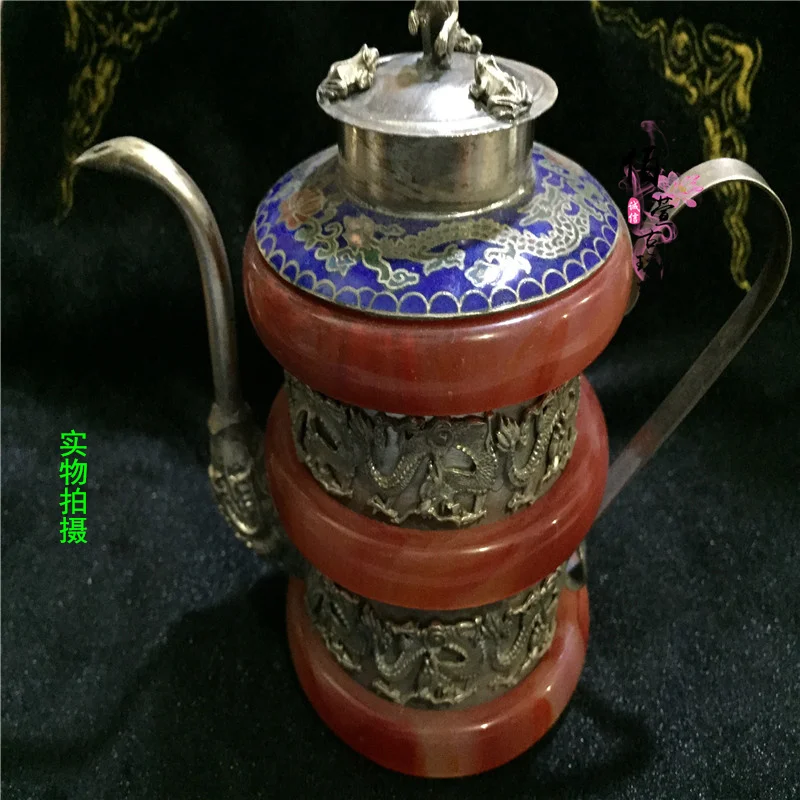 

Antique white copper seedling silver imitation Jasper green jade agate water pot teapot wine pot furniture ornament monkey