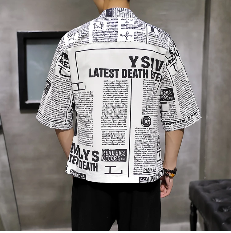 Blog Full Printing Summer Jacket Men Thin Loose Robe Coat Male Streetwear Short Sleeve Casual Travel Funny newspaper Belt Mantle