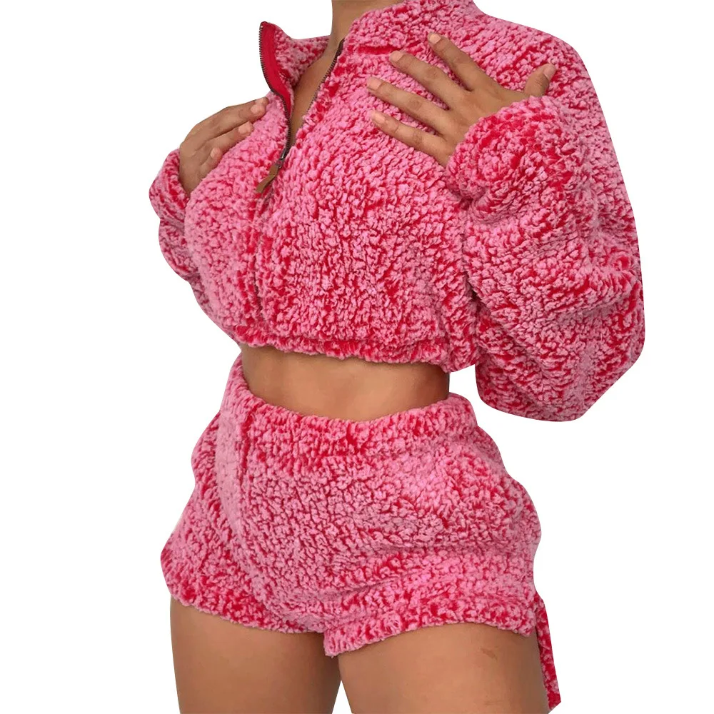 Set di tute pelose in pelliccia sintetica invernale (ine giacca da donna  con cerniera Crop Top e pantaloncini Set di due pezzi felpa Club outfit  nuovo|Pant Suits| - AliExpress