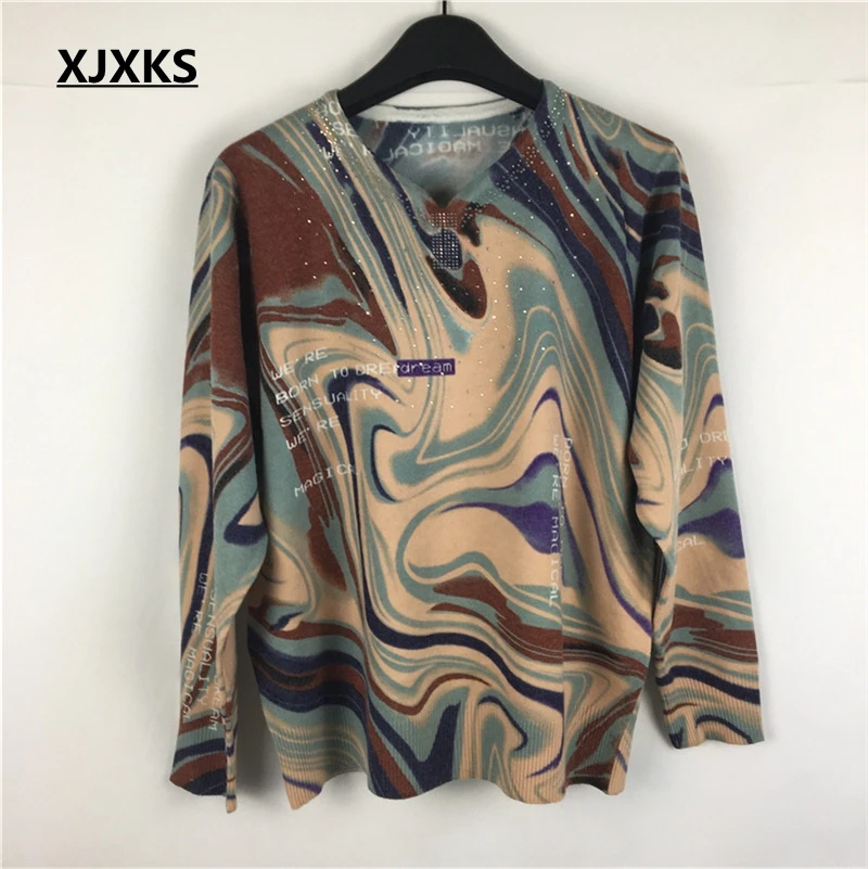 

XJXKS 2019 Fall Winter Print Pullover Women Print Sweater Pullovers Runway Female Loose Knitted Sweater Jumper Clothes