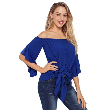 

2020 Summer New Women Solid Horizontal Neck Trumpet Half Sleeve Shirt Off-Shoulder Casual Loose Tops Slash Neck Bow Street wear