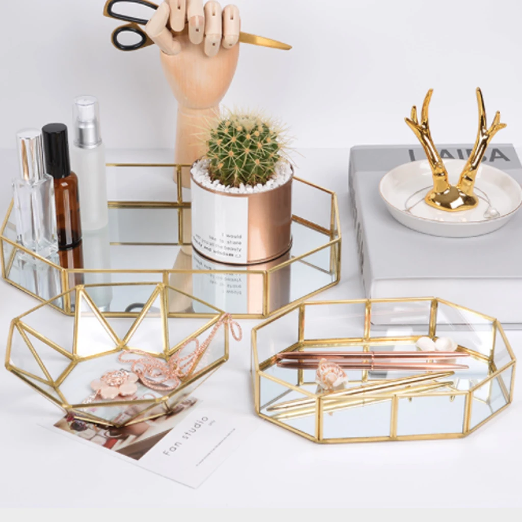 

Vintage Make Up Storage Baskets Golden Polygon Shaped Organizer Clear Glass Ornate Jewelry Sundries Storage Tray