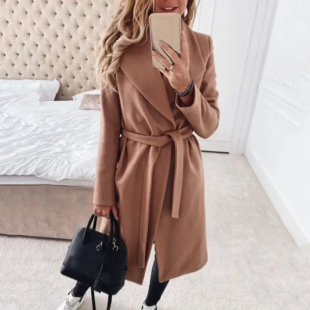 2020 New Autumn Winter Women Coat Solid Color Long Sleeve Lapel Woolen Cardigan Warm Trench Coat Cardigan Fashion Ladies Jacket