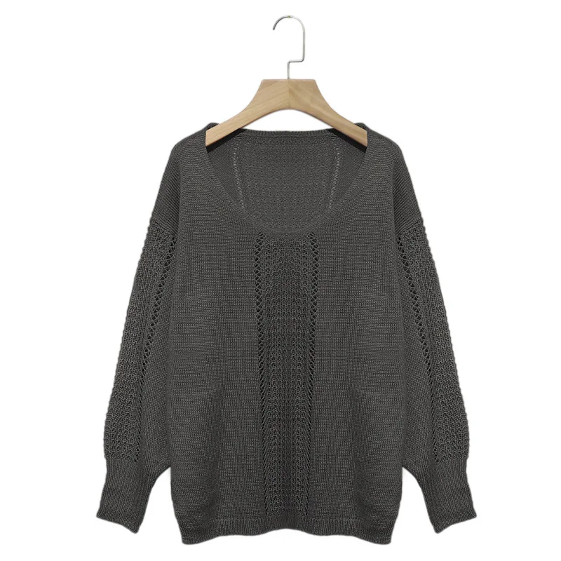 Women Sweater Sexy Casual Long Sleeve Hollow Out Pullovers Knit O Neck Solid Female Sweaters Autumn Loose Fashion Tops - Цвет: Темно-серый