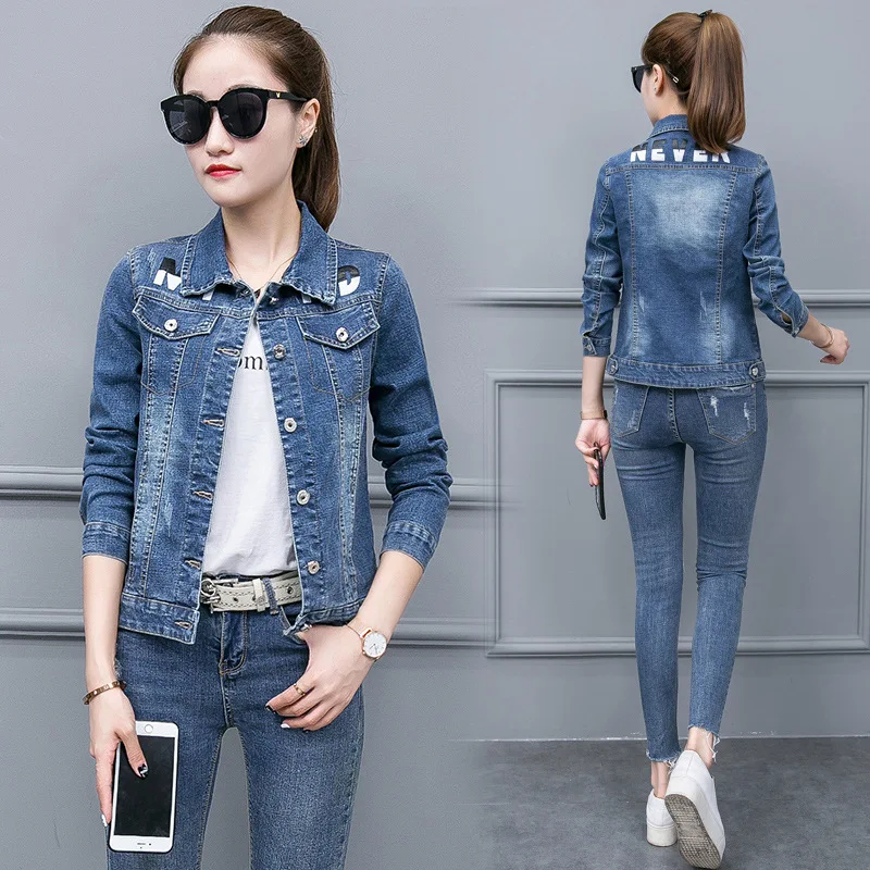 

2019 Autumn Jeans Coat Korean-style Trend with Holes Cowboy Clothing Women's Slim Fit Handsome Clothes Tops Fashion