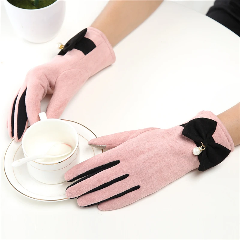 

New Winter Big Bow Cloth Gloves Women Pearl Cute Warm Velvet Mittens Glove Female Windproof Outdoor Riding Gloves Wholesale