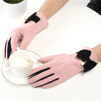

New Winter Big Bow Cloth Gloves Women Pearl Cute Warm Velvet Mittens Glove Female Windproof Outdoor Riding Gloves Wholesale