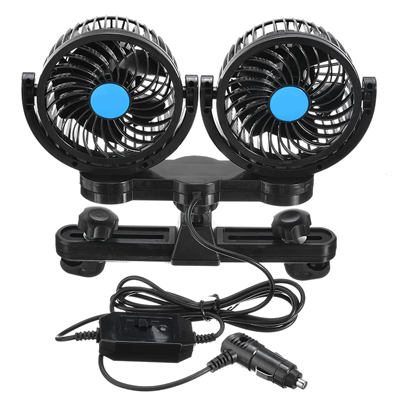 Автомобильный вентилятор с двумя головками, 12 В, с зажимом для автомобильного сиденья, вращающийся на 360 градусов, сильный ветряной охладитель, вытяжной радиатор, вентиляторы для прикуривателя, управление проводом