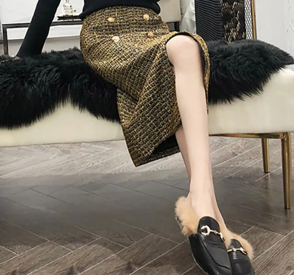 Retro plaid tweed woolen skirt women double breasted autumn winter small fragrance package hip skirt