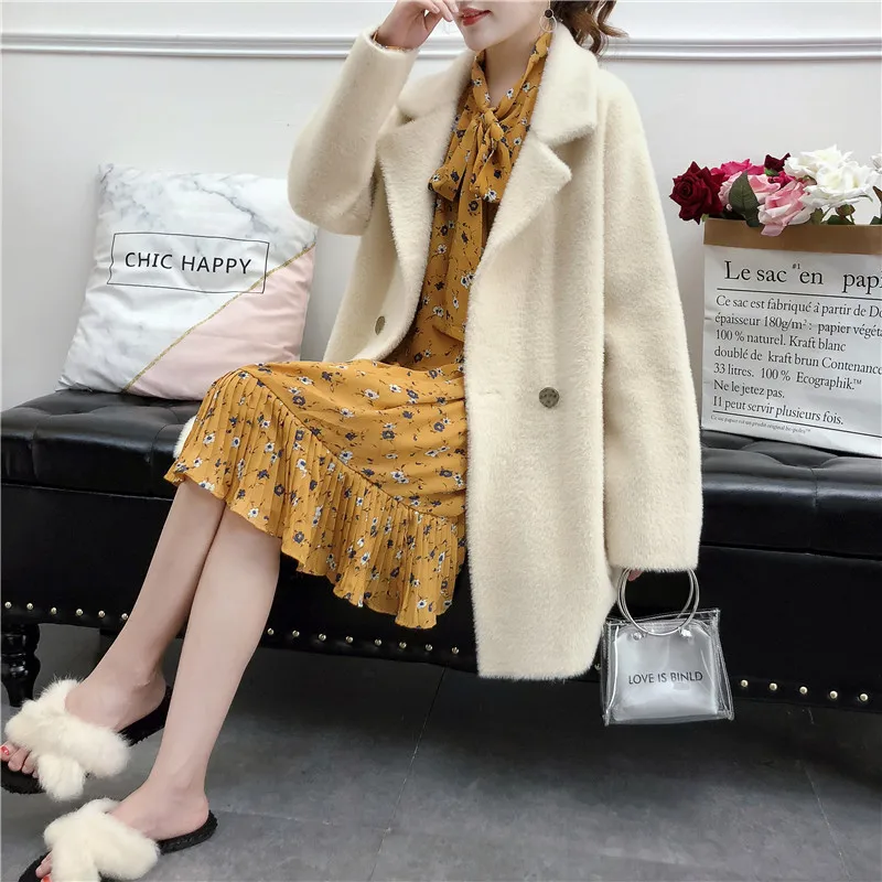 

2018 Autumn And Winter Korean-style Mid-length Solid Color Faux Mink Iron Hoop Front Short Long Back Slit Overcoat Sweater Coat