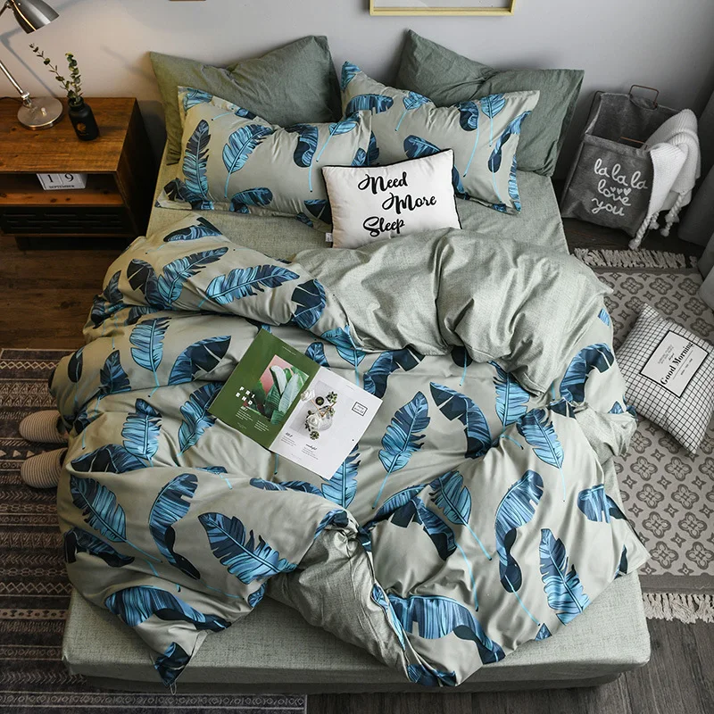 

Feather Beddling Set Linen Set Green Flat Sheet Pillowcase & Duvet Cover Set New Modern Bedclothes Summer Bed 3/ 4pcs Bed Set