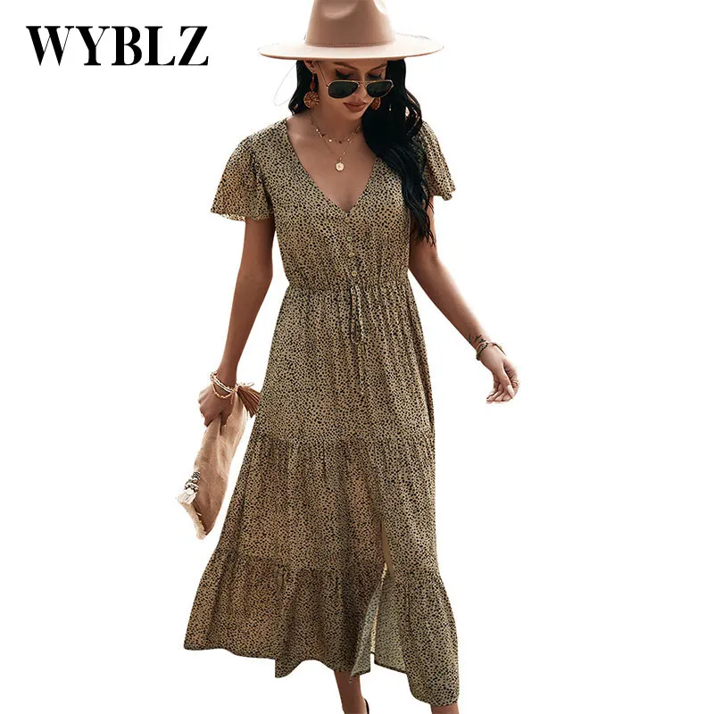 

WYBLZ Boho Floral Print Maxi Dress Women Elegant V Neck Long Shirt Dress Summer Short Sleeve Long Dress Ladies Beach Sundress
