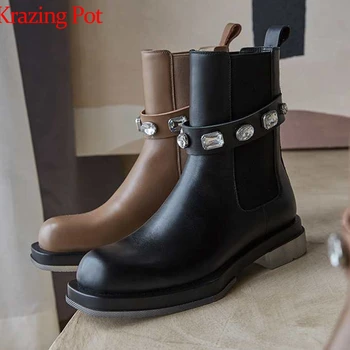 

Krazing Pot new arrival cow leather keep warm diamond-studded jelly med heel basic style round toe solid slip on ankle boots L36