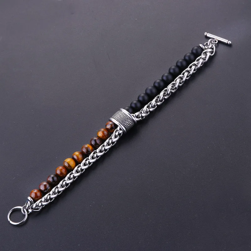 natural stone tiger eye beads bracelet men's chain on hand stainless steel bracelet male Steampunk hip hop luxury wholesale