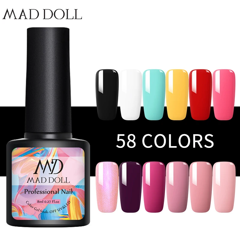 

MAD DOLL 8ml Nail Gel Polish 8ml Hybrid Varnish Lacquer For Nail Art Design Semi Permanent UV Gel Manicure Base Top Coat