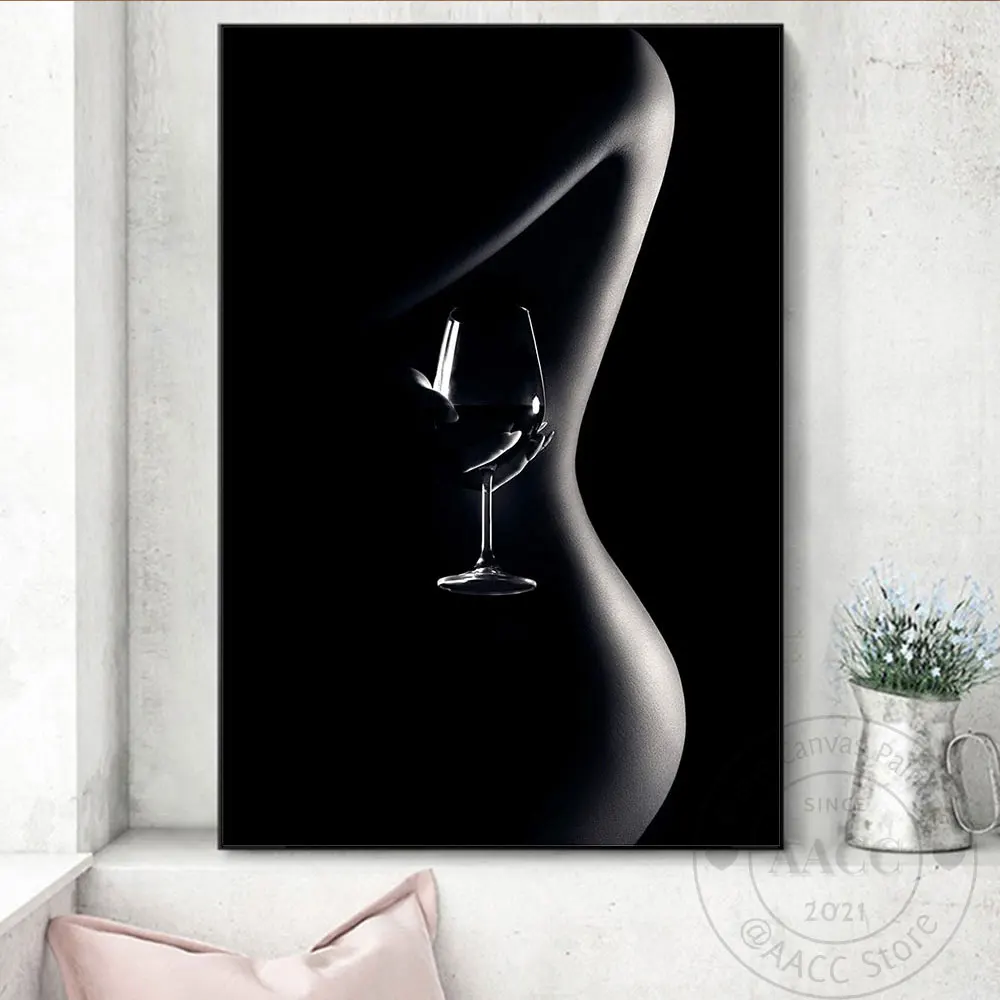 

Nordic Style Home Wall Decor Black And White Sexy Nude Woman With Red Wine Glass Poster Print Canvas Painting For Room Decoratio