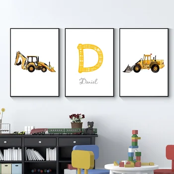 

Personalized Boy's Name Custom Poster Baby Dump Truck Excavator Canvas Painting Nursery Prints Wall Pictures For Kids Room