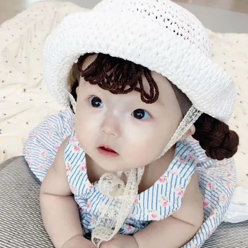 Spring Summer Children Kids Sun Block Straw Bucket Hat Cap Beach Hollow Out Baby Boy Girl Hair Braid Headband Wig Hat Lace Up