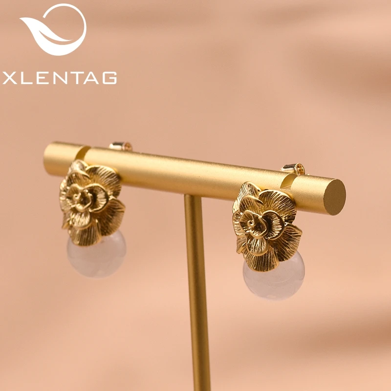 

XlentAg 925 Sterling Silver Ear Pin Natural Pink Round Crystal Drop Earrings For Women Plant Flower Engagement Earrings GE0336