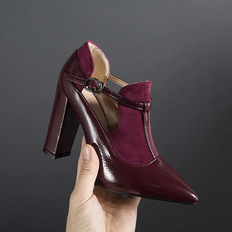 

2019 Sprin Vintae T Strap Party Womens Shoes Black Red Hih Heels Pointed Toe Flock Plus Size 34-43 Ladies Pumps