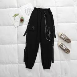 Techwear – pantalon Cargo noir avec chaîne pour femmes, jogging gothique, ample, taille haute, large, pour centre commercial 