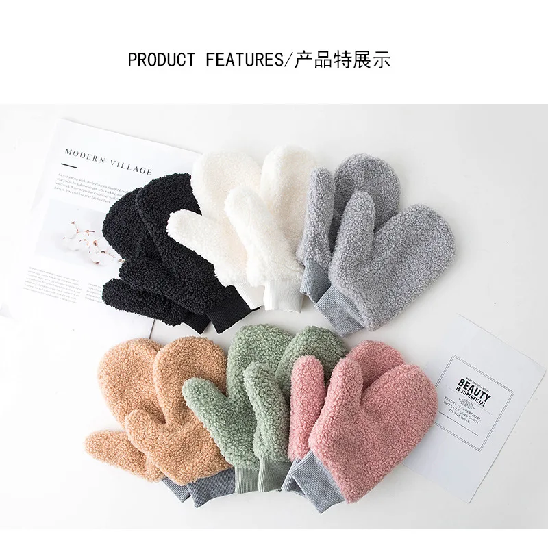 Winter Lamb Wool Halter Neck Full Finger Warm Mittens Korean Female Double Layer Plush Thicken Windproof Cycling Gloves H36