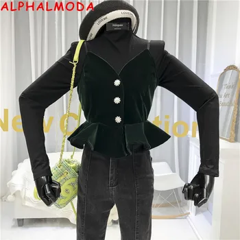 

ALPHALMODA Velvet Vest + Long-sleeved Tshirt Women Fashion 2pcs Outfit Adjustable Ruffled Camisole Shirt + Long Fashion Tshirt
