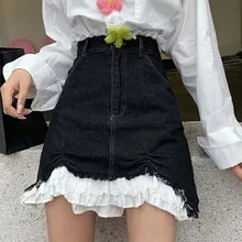 

Summer Women Casual Designer Korean Japanese Style Harajuku Skirts Y2k Girls Chic Sweet Lace Patchwork Mini Jean Skirts Female