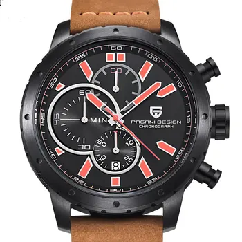 

46mm Pagani design Quartz chronograph black dial date men‘s watch Black Stainless steel case Brown leather men's Sport watches