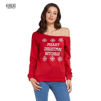 

Kureas Women Christmas Sweatshirts Winter Autumn Plus Size Pullover Sloping Shoulder Hoodies Casual Snowflake Letter Printed 4XL