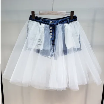 

DEAT 2020 new summer fashion casual mesh fluffy skirt slim patchwork printing pocket denim shorts women SB751