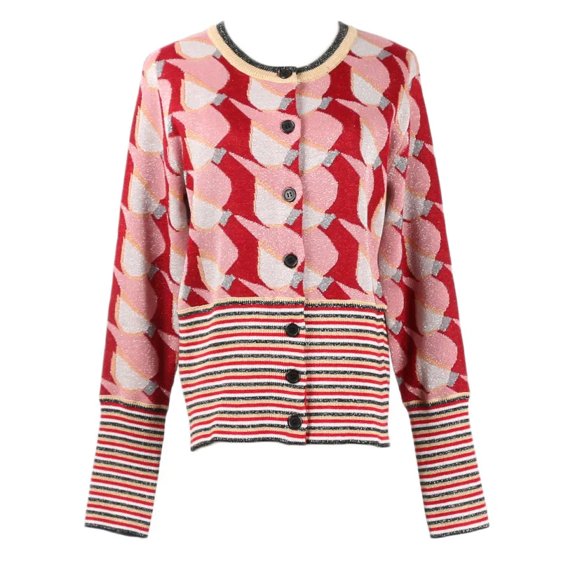 

2019 Autumn and Winter Sweater New Round-collar Long-sleeved Knitted Cardigan Collision Color Single Row Buckle Loose Sweater