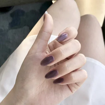 

High Quality Japanese Style Full Cover short press on nails Fashion Mirror Purple Solid Color Round Head fake nails with glue
