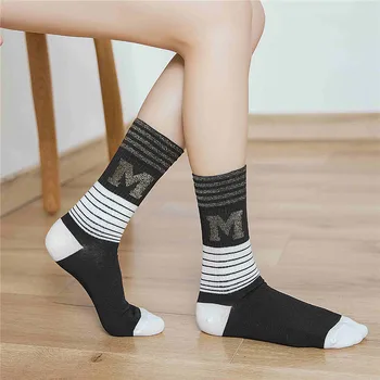 

Cotton Socks Long Tube Letters College Style Silver Silk Cotton Pile Socks