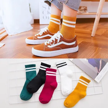 

Women's socks cotton socks deodorant Korean students cute middle tube autumn and winter two-bar anti-cloth label