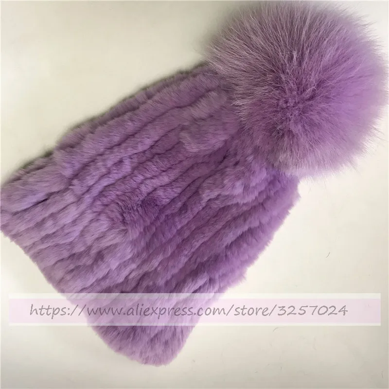 Lilac Меховая шапка Magicfur, настоящий мех кролика, вязаная шапка W, мягкий мех лисы, помпон, теплая зимняя сиреневая вязаная шапка для любви - Цвет: Lilac