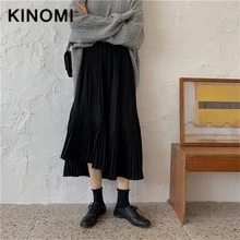 KINOMI, Осень-зима, Женские винтажные длинные плиссированные юбки, повседневные, высокая талия, корейский стиль, тюль, а-силуэт, до середины икры, свободные юбки, Saia