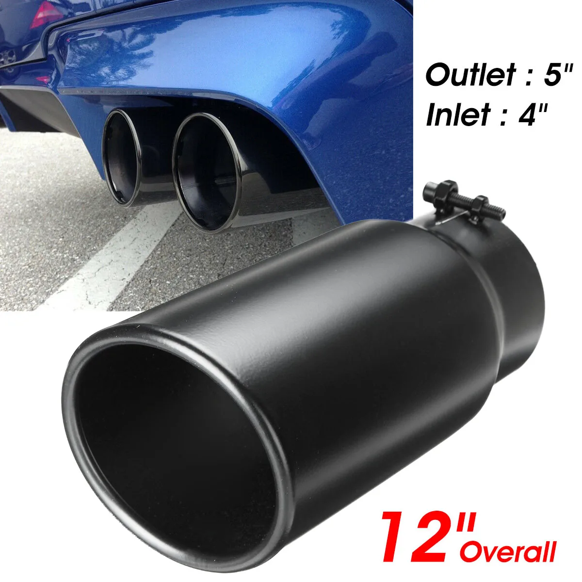 

Car Exhaust Muffler Pipe Exhaust Tip 4" Inlet 5" Outlet Tail Tube Black Stainless Steel