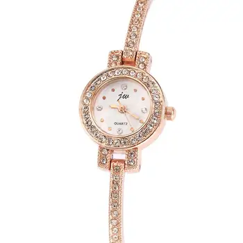 

Unique Design Women Crystal Decor Rose Gold Stainless Steel Round Dial Wristwatch Slim Chain Women Quartz Bracelet Watch