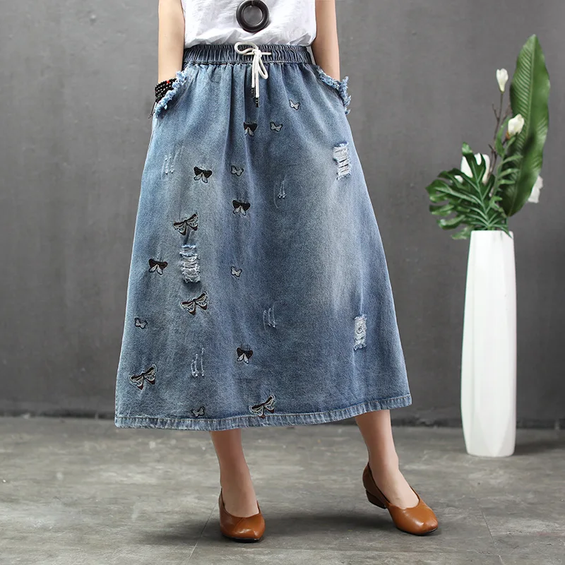 

Summer Cartoon Embroidery Midi Denim Skirt Women Ripped Vintage Casual Plus Size Distress Elastic High Waist Jeans Skirts Female
