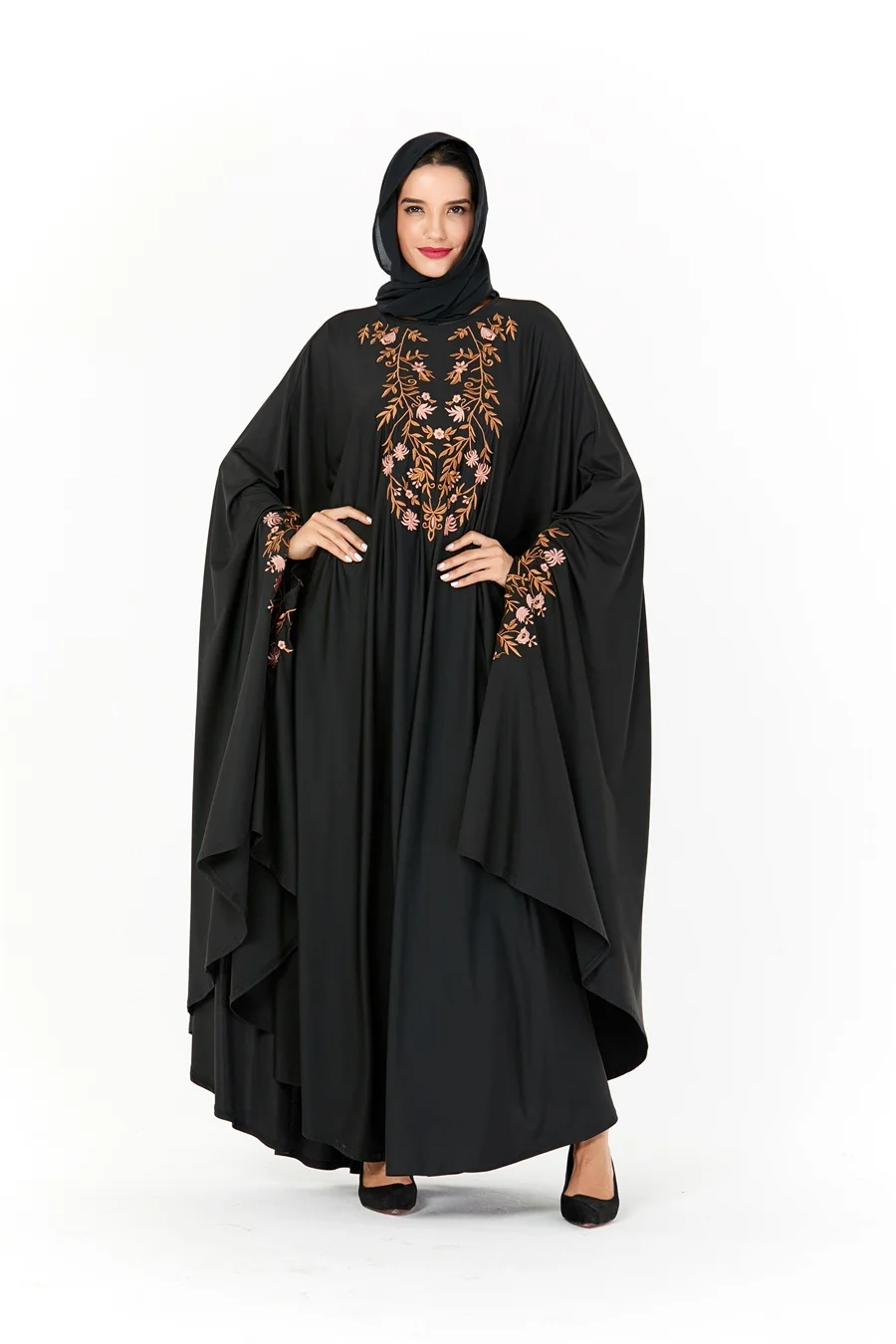 Siskakia большие халаты для женщин модные черные цветочные Вышивка мусульманское абайя платье рукав "летучая мышь" Арабская одежда новая