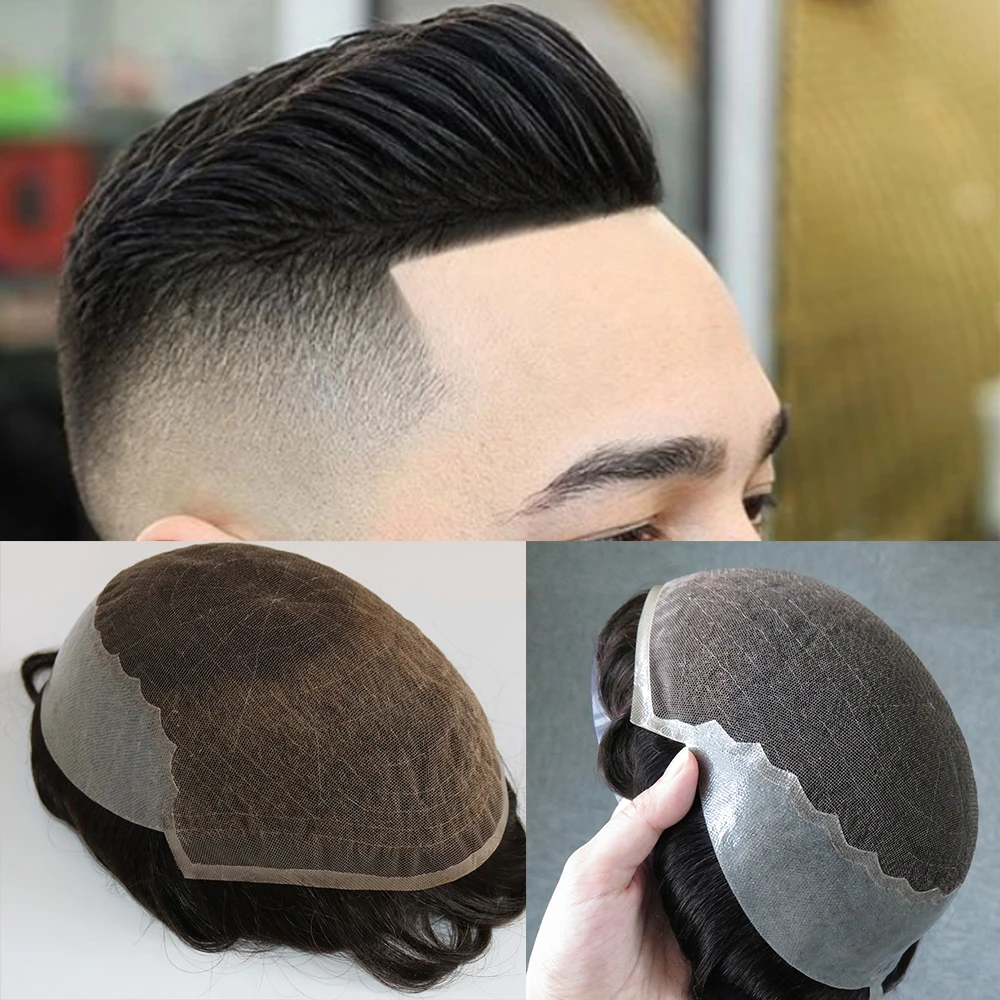 

Eversilky Human Hair Toupee for Men Q6 Base PU And French Lace Cap Remy Hair Bleached Knots Men's Wigs Hairpieces Replacemen