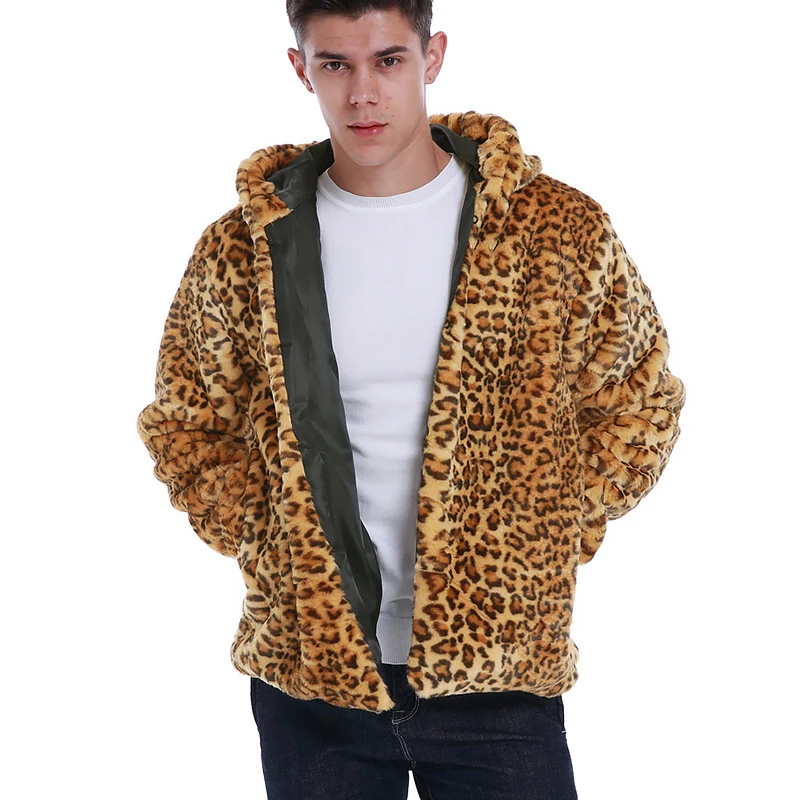 Autumn WinterHandsome Faux Fur Coat Men Warm Soft Leopard Print Pocket Faux Fur Jacket Male Plush Long Overcoat Outwear - Цвет: Цвет: желтый