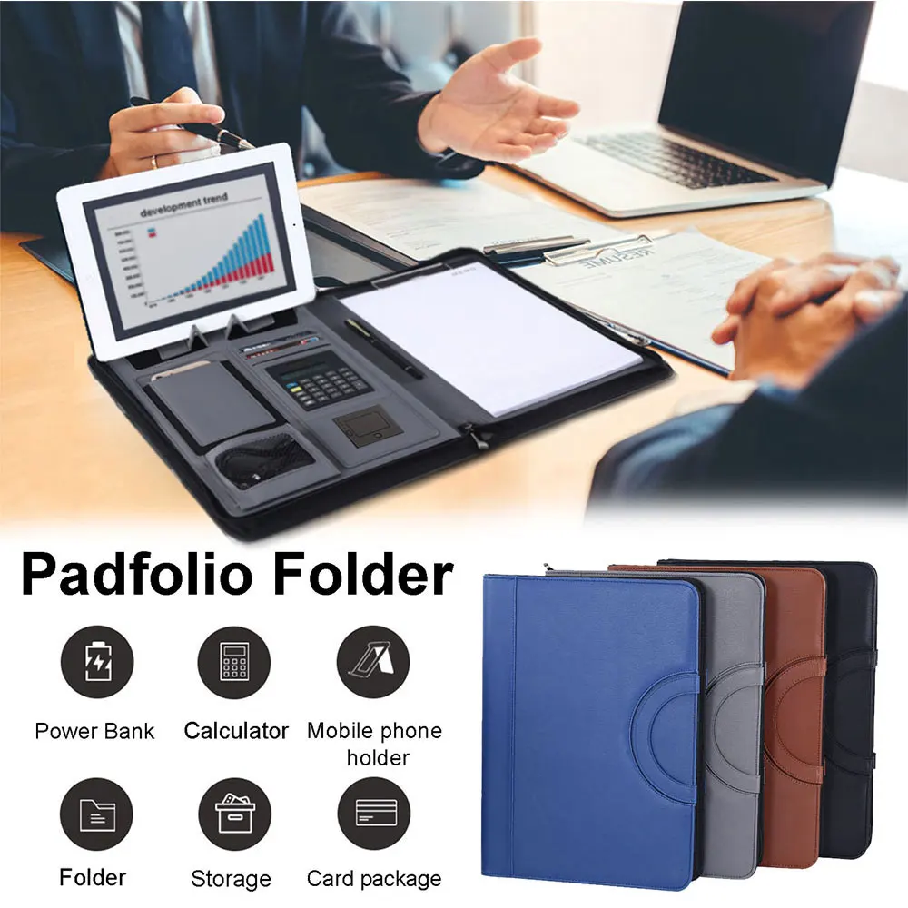 A4 Leather Folder Wireless Charging Portfolio Zipper Binder Business Padfolio Organizer Calculator 8000mah Power Bank Briefcase document bag leather folder