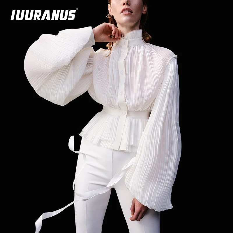 

IUURANUS Causal Chiffon Ruched Women's Blouses Turtleneck Lantern Long Sleeve Tunic Shirts Female 2019 Fashion Clothing Tide