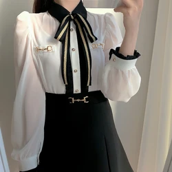 Autumn New Elegant Chiffon shirt Bow tie Contrast color OL tops  Long-sleeved Womens tops and blouses