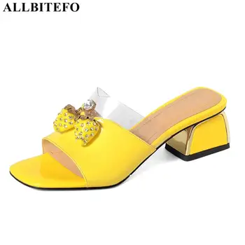 

ALLBITEFO genuine leather fashion women heels Strawberry decoration women slippers summer cool high heel shoes flip flops